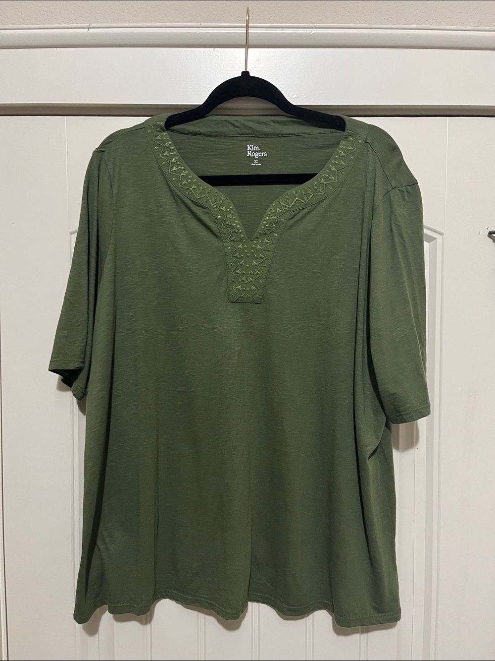 Kim Rogers Olive Embroidered V-Neck Short Sleeve Top